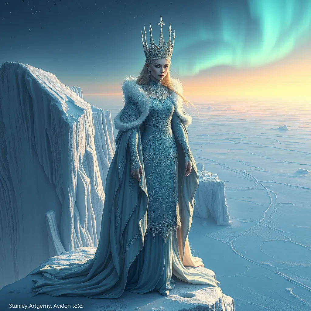 A regal Ice Queen standing at the edge of an icy cliff, her presence commanding and serene, dressed in a gown of frost and snow, her crown adorned with icy spikes, with a vast, frozen ocean stretching out beneath her and a distant aurora illuminating the sky.