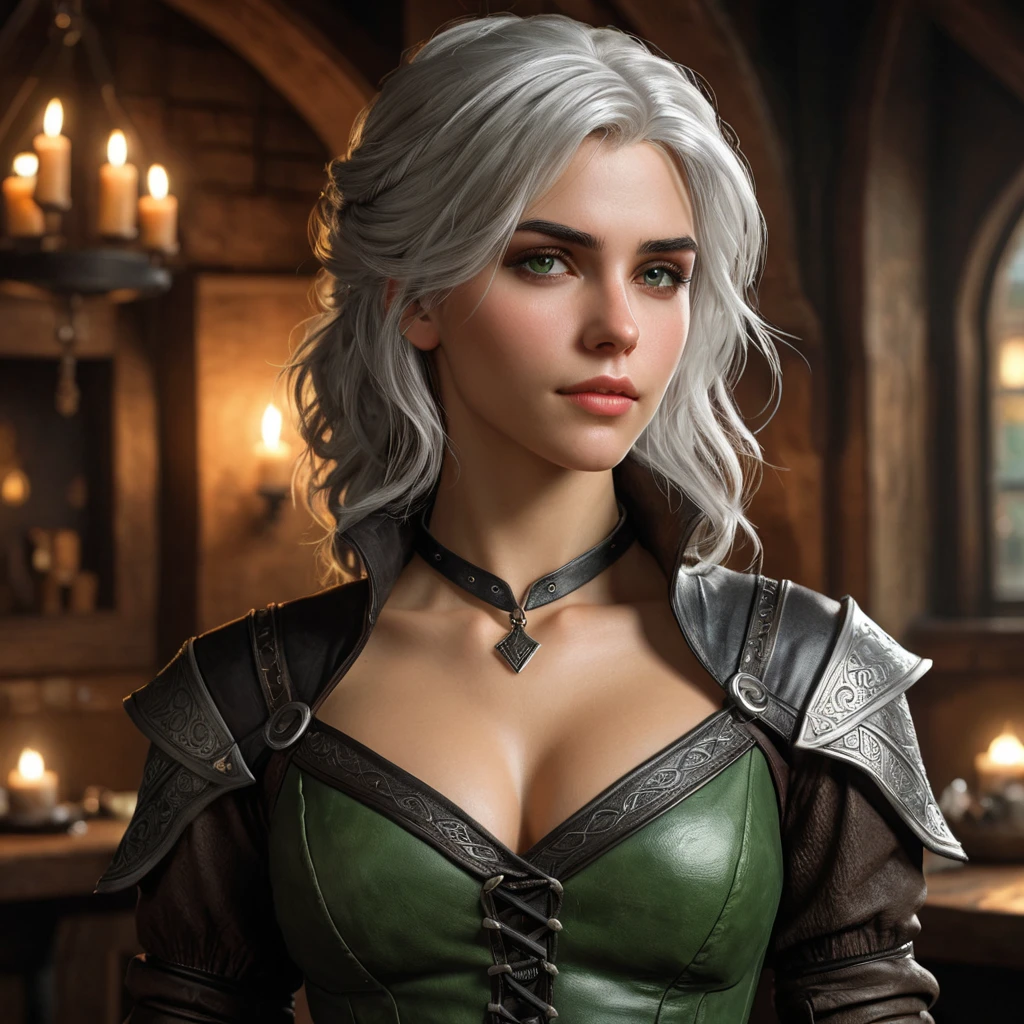 A seductive Ciri from The Witcher, with her silver hair cascading in loose waves, wearing a form-fitting, dark leather outfit that accentuates her curves. Her piercing green eyes are filled with a mix of determination and allure, as she stands in a dimly lit, medieval tavern, with a flickering candle casting shadows on her face.