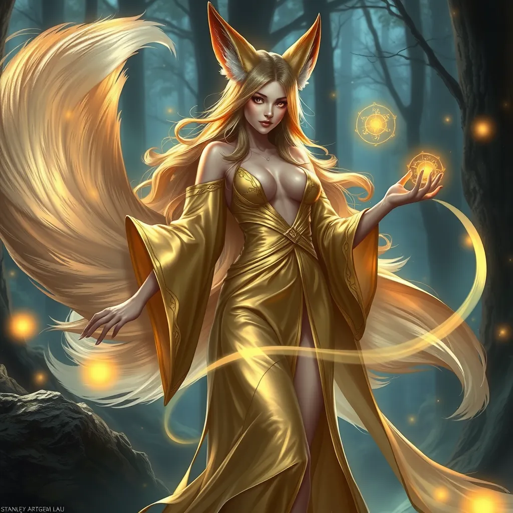 Ahri, the enchanting fox mage, with her tails flowing like silk behind her, dressed in a revealing, shimmering robe that seems to be made of liquid gold, standing in a magical, bioluminescent forest, with glowing orbs of energy floating around her.