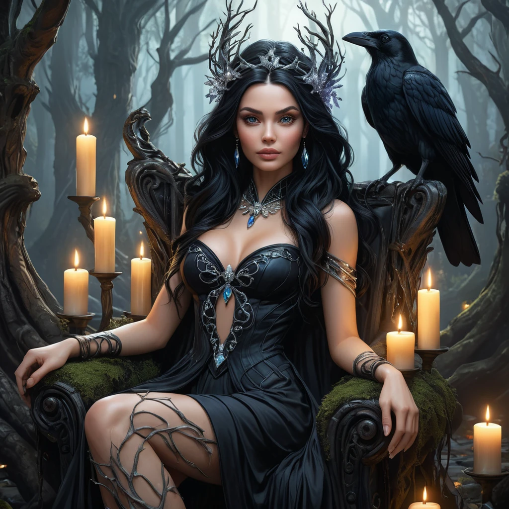 A stunning witch with raven-black hair and alabaster skin, sitting on a throne made of twisted roots in a dark, enchanted forest, surrounded by floating candles and glowing crystals