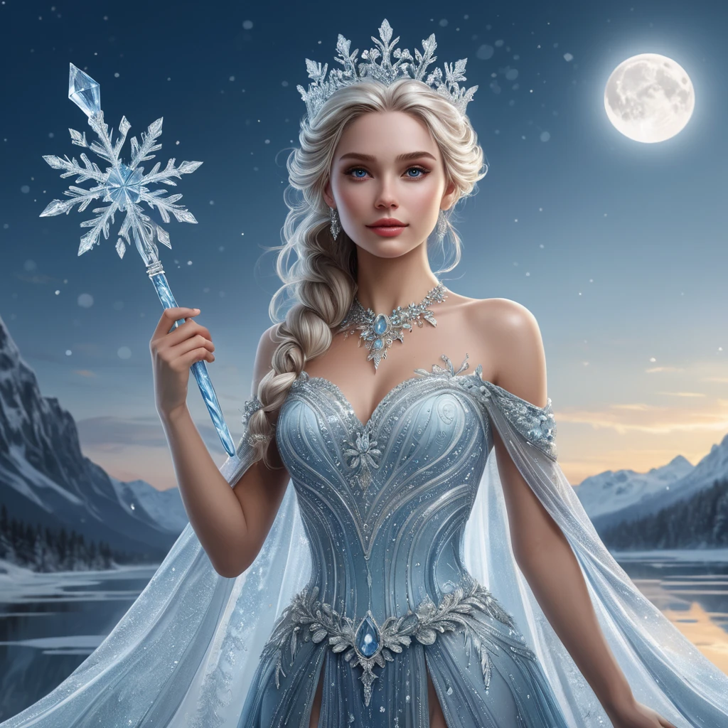 A majestic Ice Queen standing on a frozen lake, her gown made of shimmering ice crystals that reflect the moonlight, with intricate snowflake patterns adorning her crown and scepter, surrounded by a swirling mist of frost and snowflakes.