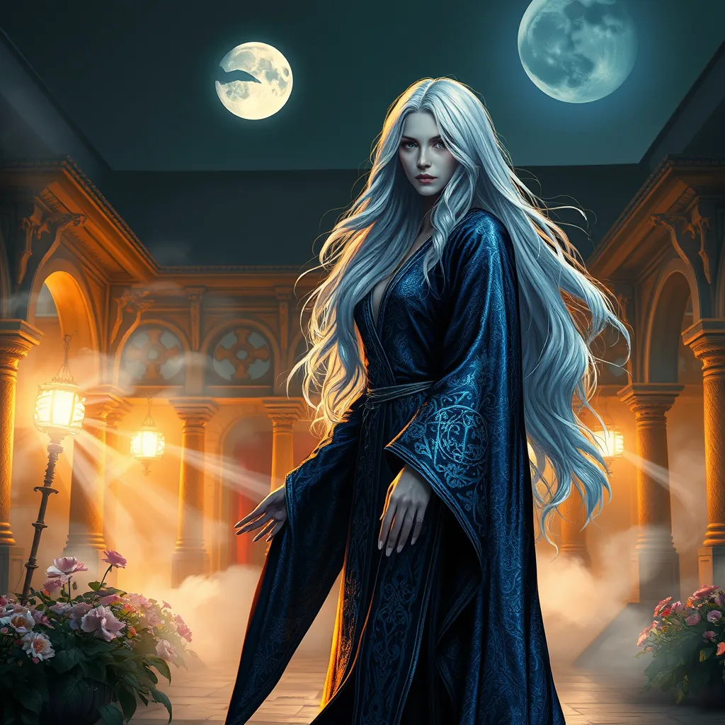 A alluring Yennefer with silver hair flowing like a waterfall, dressed in a shimmering, midnight blue robe adorned with silver runes, standing in a moonlit courtyard with swirling mist and glowing flowers