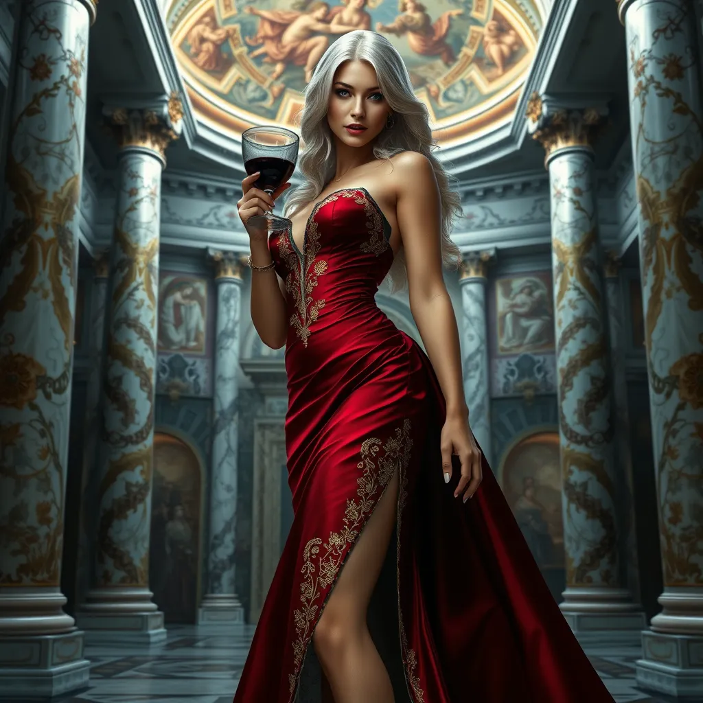 A seductive Ciri, dressed in a regal, yet provocative gown made of deep crimson silk, with intricate gold embroidery. She stands in a grand, opulent hall, with marble pillars and a high ceiling adorned with frescoes. Her expression is one of confident seduction, as she holds a goblet of wine, ready to captivate any onlooker.