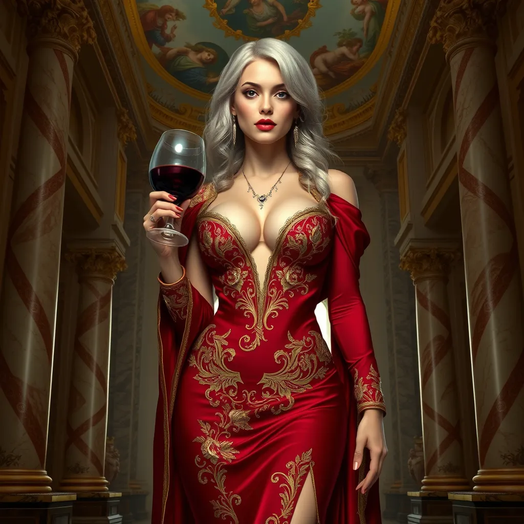 A seductive Ciri, dressed in a regal, yet provocative gown made of deep crimson silk, with intricate gold embroidery. She stands in a grand, opulent hall, with marble pillars and a high ceiling adorned with frescoes. Her expression is one of confident seduction, as she holds a goblet of wine, ready to captivate any onlooker.