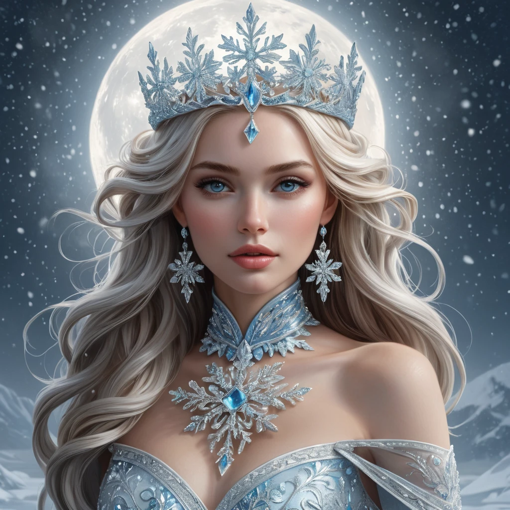 A majestic Ice Queen standing on a frozen lake, her gown made of shimmering ice crystals that reflect the moonlight, with intricate snowflake patterns adorning her crown and scepter, surrounded by a swirling mist of frost and snowflakes.