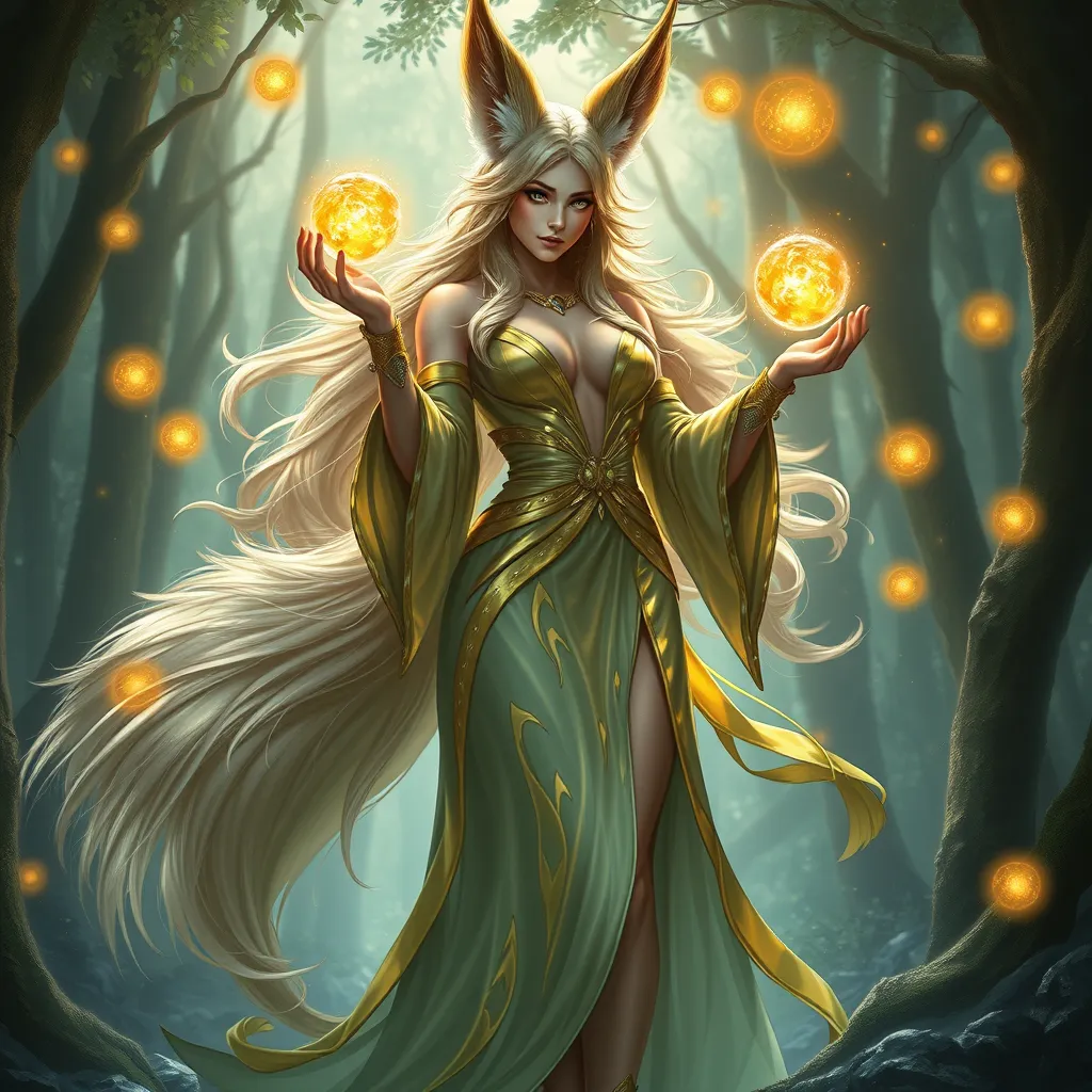 Ahri, the enchanting fox mage, with her tails flowing like silk behind her, dressed in a revealing, shimmering robe that seems to be made of liquid gold, standing in a magical, bioluminescent forest, with glowing orbs of energy floating around her.