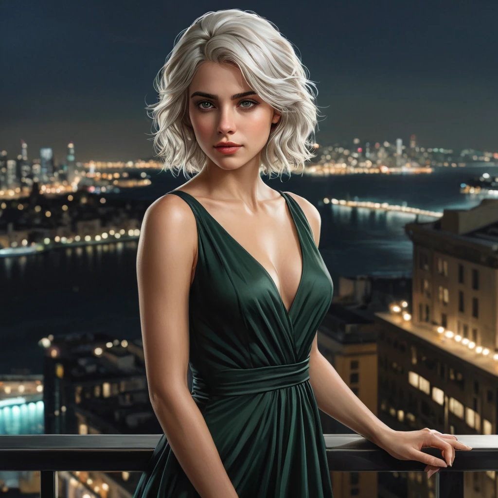 Ciri, exuding an air of mystery and allure, wearing a modern, yet timeless black dress that clings to her every curve. Her hair is styled in loose, beachy waves, and she stands in a sleek, urban penthouse with floor-to-ceiling windows offering a view of a bustling city at night. Her eyes, a striking green, hold a hint of mischief.