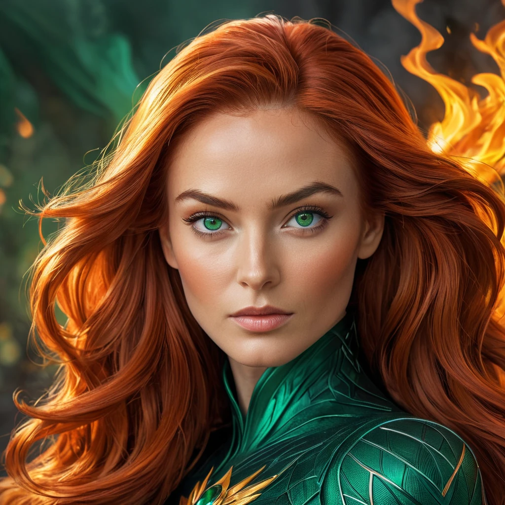 Portrait of Jean Grey, fiery red hair, emerald green eyes, powerful, elegant, phoenix fire in the background, intricate details, sharp focus, 8k