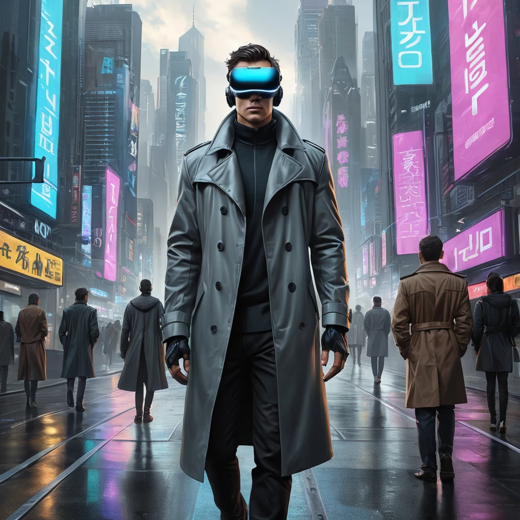 A cyberpunk cityscape, a giant holographic advertisement for a virtual reality game dominates the skyline, people wearing VR headsets walk down the street, their eyes glazed over, a lone figure in a trench coat walks past, a look of defiance on their face.