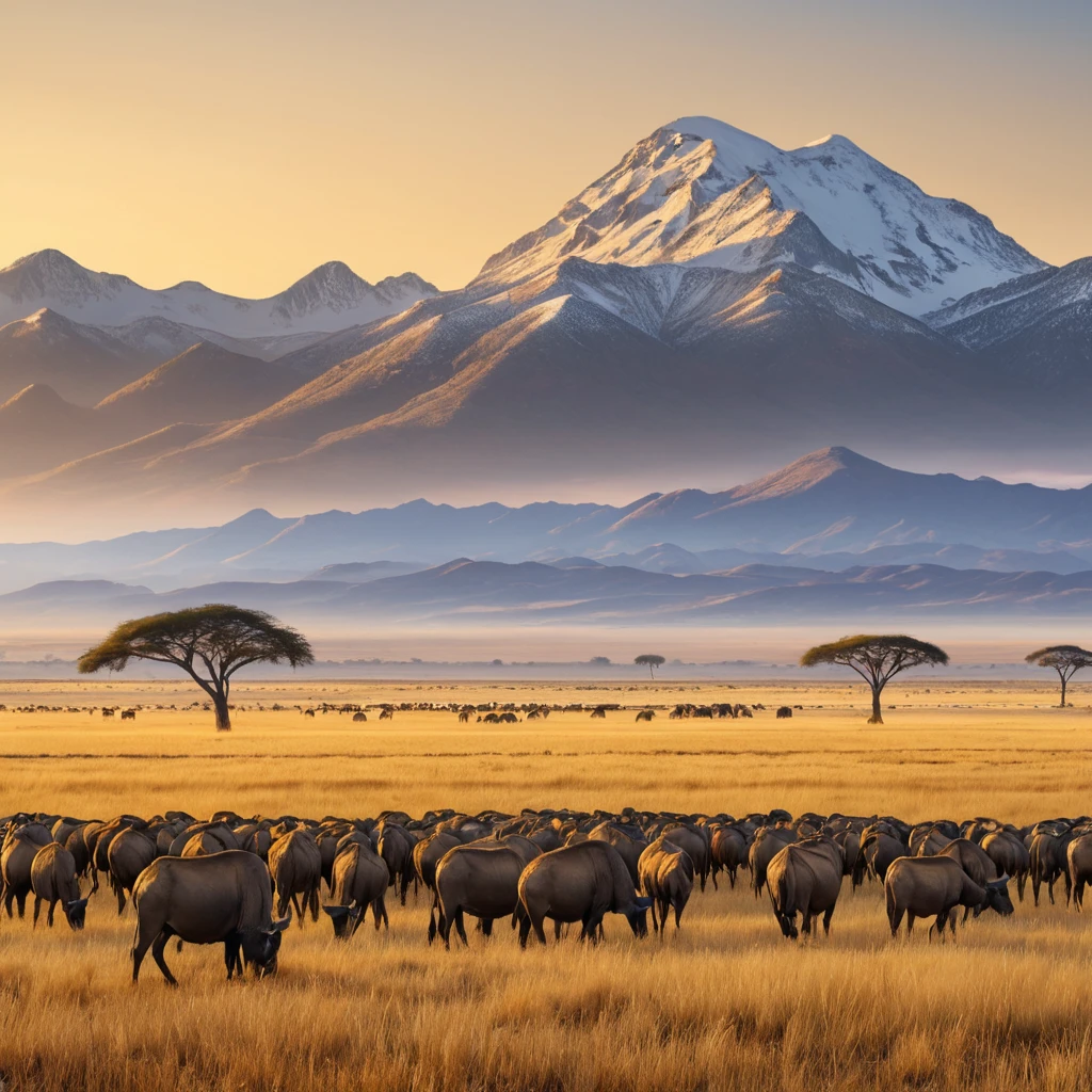 A panoramic view of a vast, golden savannah at dawn, with herds of wildlife grazing and a distant, snow-capped mountain range on the horizon.