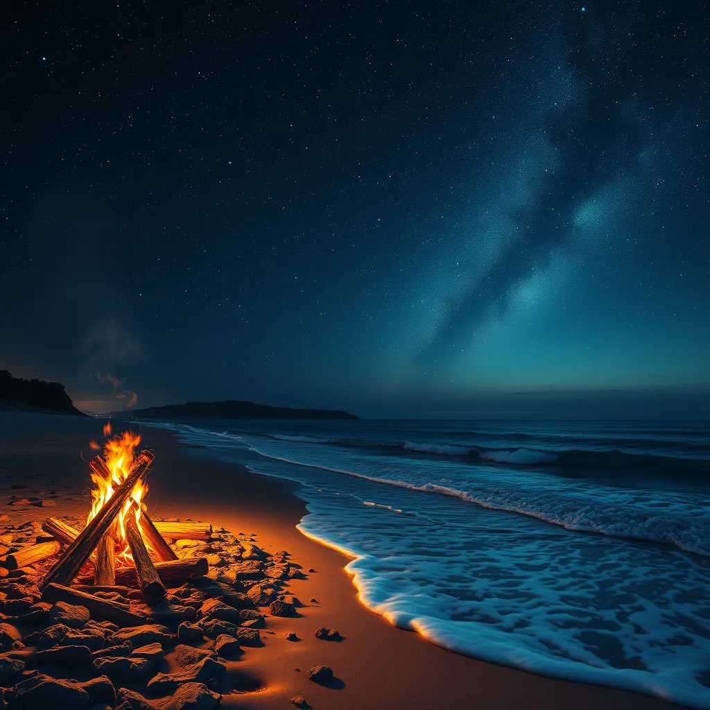 Beneath a sky filled with twinkling stars, a bonfire crackles on a secluded beach, waves gently lapping at the shore. (Night sky, campfire, ocean, serene)