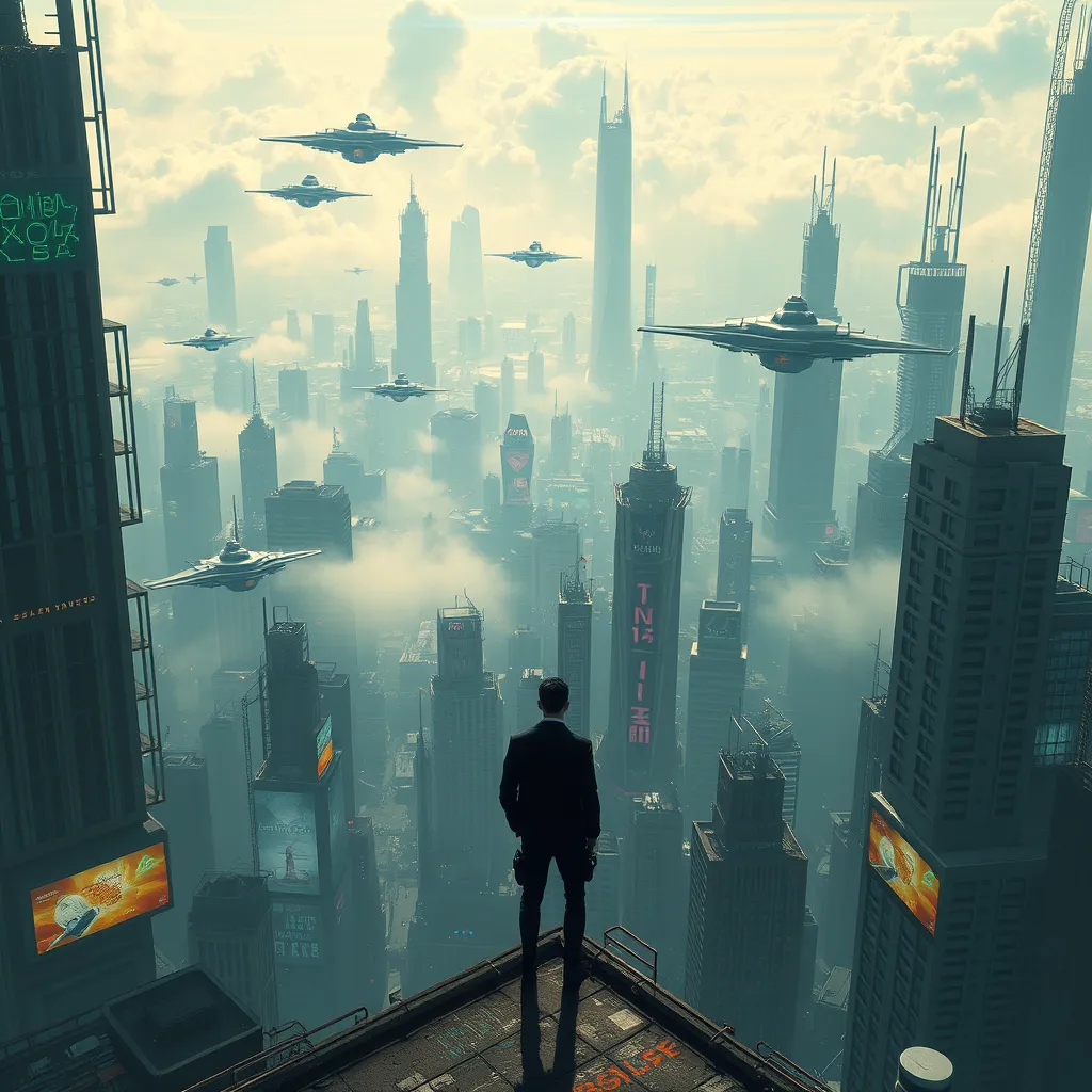 A panoramic view of a cyberpunk city, sprawling skyscrapers pierce the smog-filled sky, holographic advertisements flash on buildings, flying vehicles weave through the air, a lone figure stands on a rooftop, gazing at the sprawling cityscape.