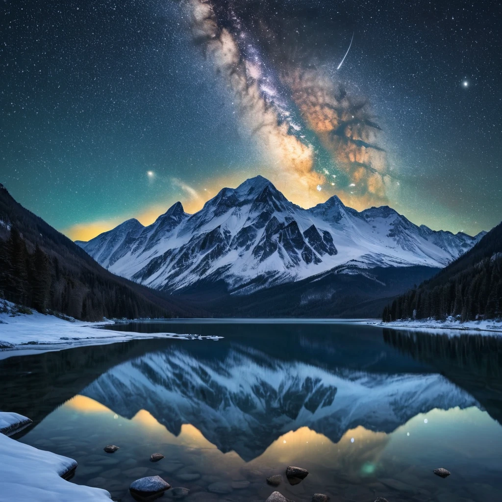 A snow-covered mountain range under a clear, starry night sky, with the Milky Way visible in the background and a frozen lake reflecting the celestial beauty.