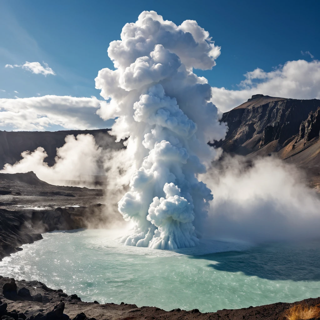 A bubbling geyser erupting in a dramatic display of steam and water, set against a backdrop of a rugged, volcanic landscape.