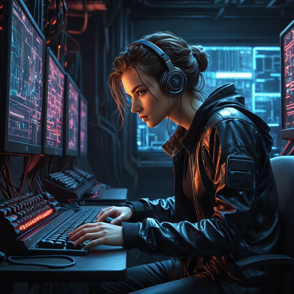 A cyberpunk hacker's lair, dimly lit room filled with blinking screens and wires, a lone figure hunched over a keyboard, their eyes glowing red as they navigate the digital underworld.