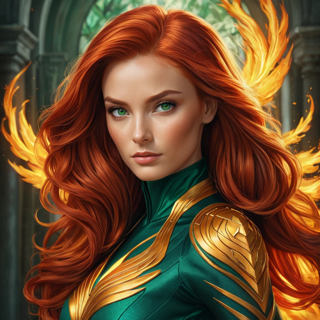 Portrait of Jean Grey, fiery red hair, emerald green eyes, powerful, elegant, phoenix fire in the background, intricate details, sharp focus, 8k