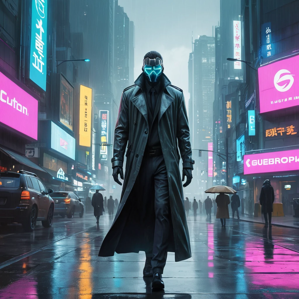 A towering, neon-drenched cyberpunk city, with holographic billboards advertising illicit services and flying vehicles weaving through the smog-filled sky. In the foreground, a lone figure in a trench coat walks down a rain-slicked street, their face obscured by a glowing cybernetic mask.