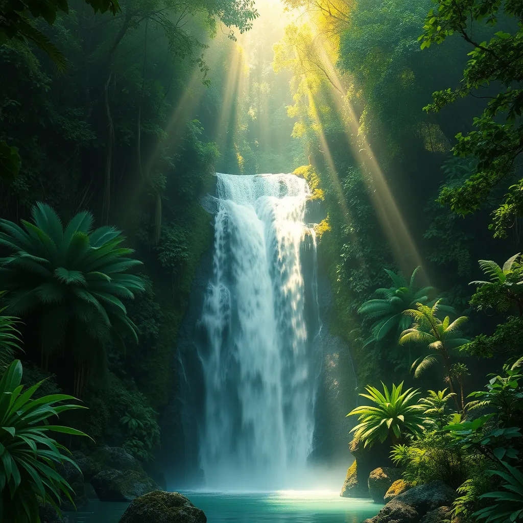 A cascading waterfall surrounded by lush, emerald-green rainforest, with rays of sunlight piercing through the dense canopy, creating a magical, ethereal glow.