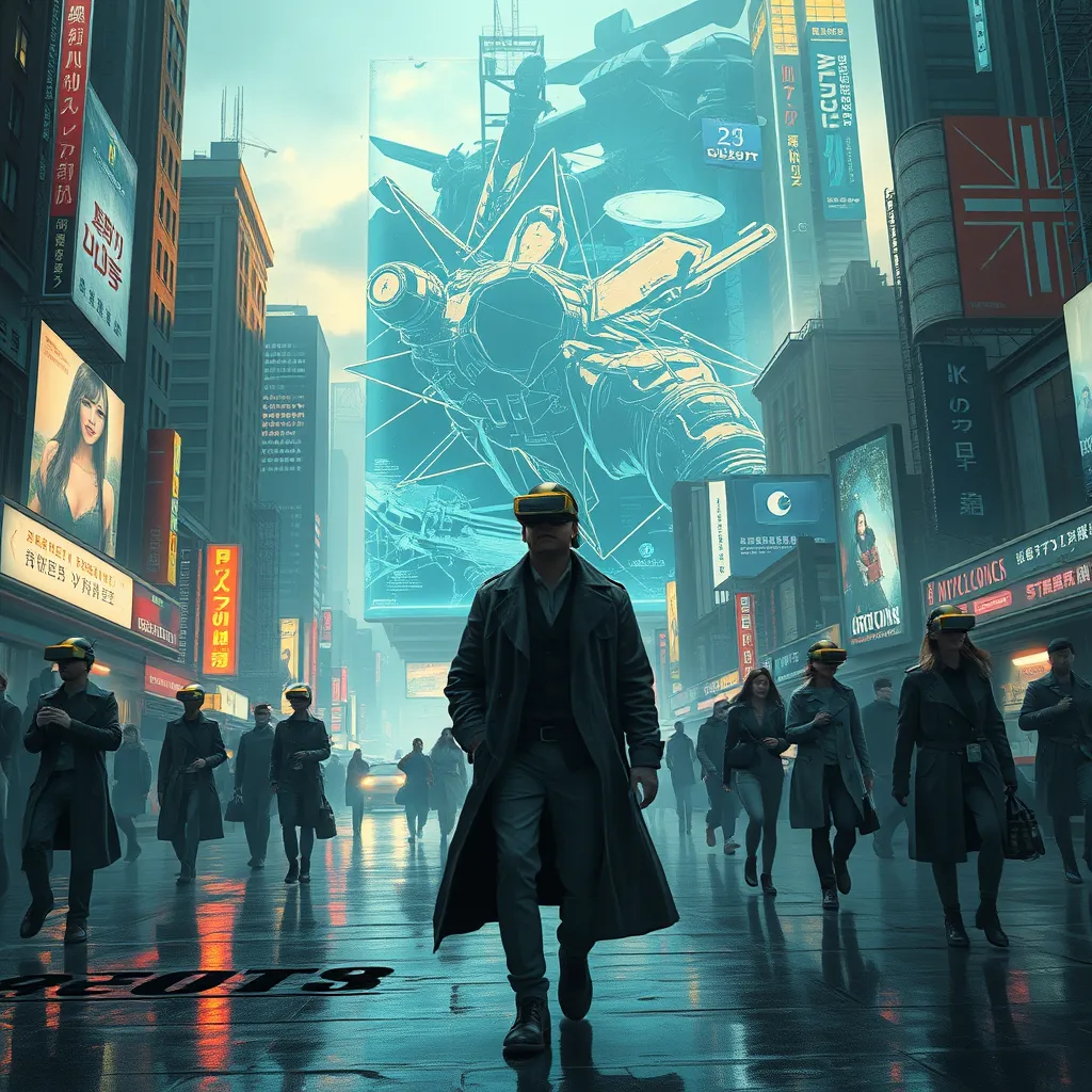 A cyberpunk cityscape, a giant holographic advertisement for a virtual reality game dominates the skyline, people wearing VR headsets walk down the street, their eyes glazed over, a lone figure in a trench coat walks past, a look of defiance on their face.