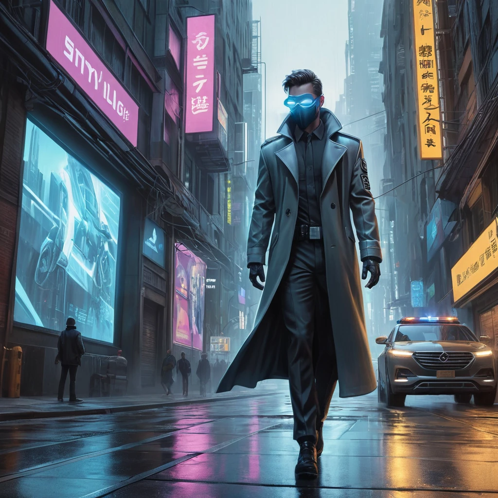 A cyberpunk street scene, holographic projections of advertisements flicker on buildings, robotic police patrol the streets, a lone figure in a trench coat walks down the sidewalk, their face obscured by a glowing mask, a flying car zooms overhead.