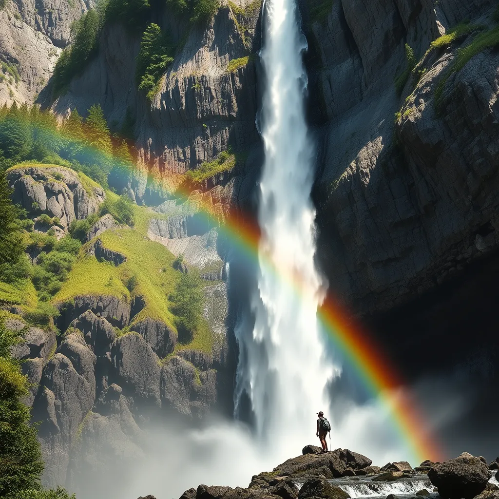 A majestic waterfall cascading down a sheer cliff face, sunlight illuminating the mist, creating a rainbow. Lush ferns and moss adorn the rocks, with a lone hiker silhouetted against the spray.
