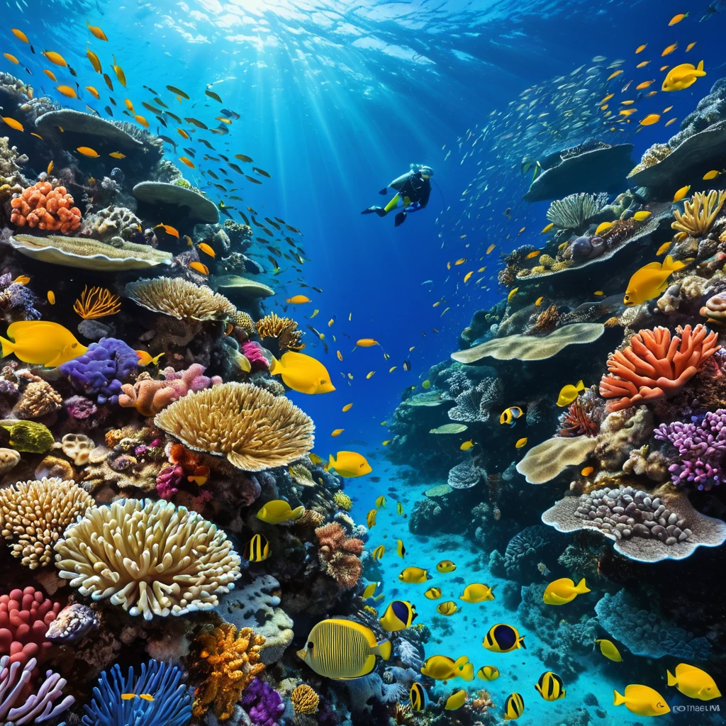 A vibrant, colorful coral reef teeming with marine life, including schools of fish, sea turtles, and vibrant anemones, all set against the deep blue ocean.