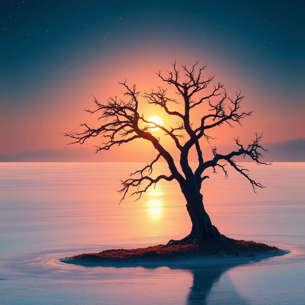 A lone, ancient tree silhouetted against a breathtaking sunset over a vast, reflective salt flat, stars beginning to appear in the deep blue sky, dreamlike and ethereal