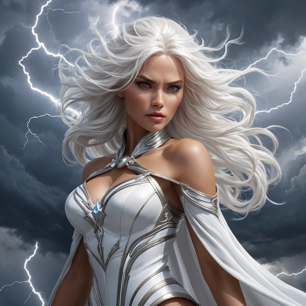 Storm commanding the weather, lightning crackling around her, eyes glowing white, flowing white hair, powerful stance, epic scale, dramatic sky, fantasy art style