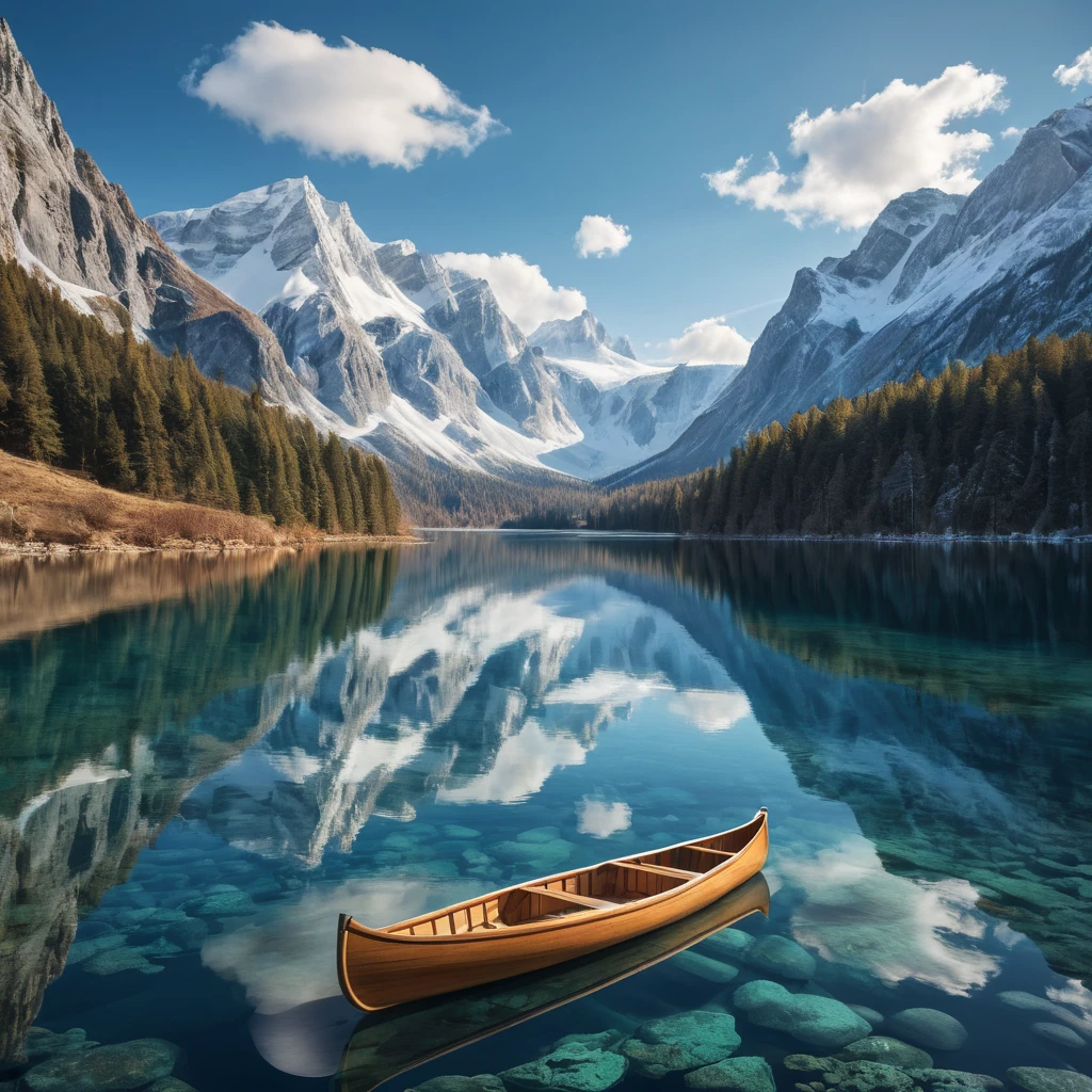 A serene lake nestled within a ring of snow-capped mountains, reflecting the azure sky and wispy clouds. A wooden canoe glides across the glassy surface, leaving a gentle ripple in its wake.