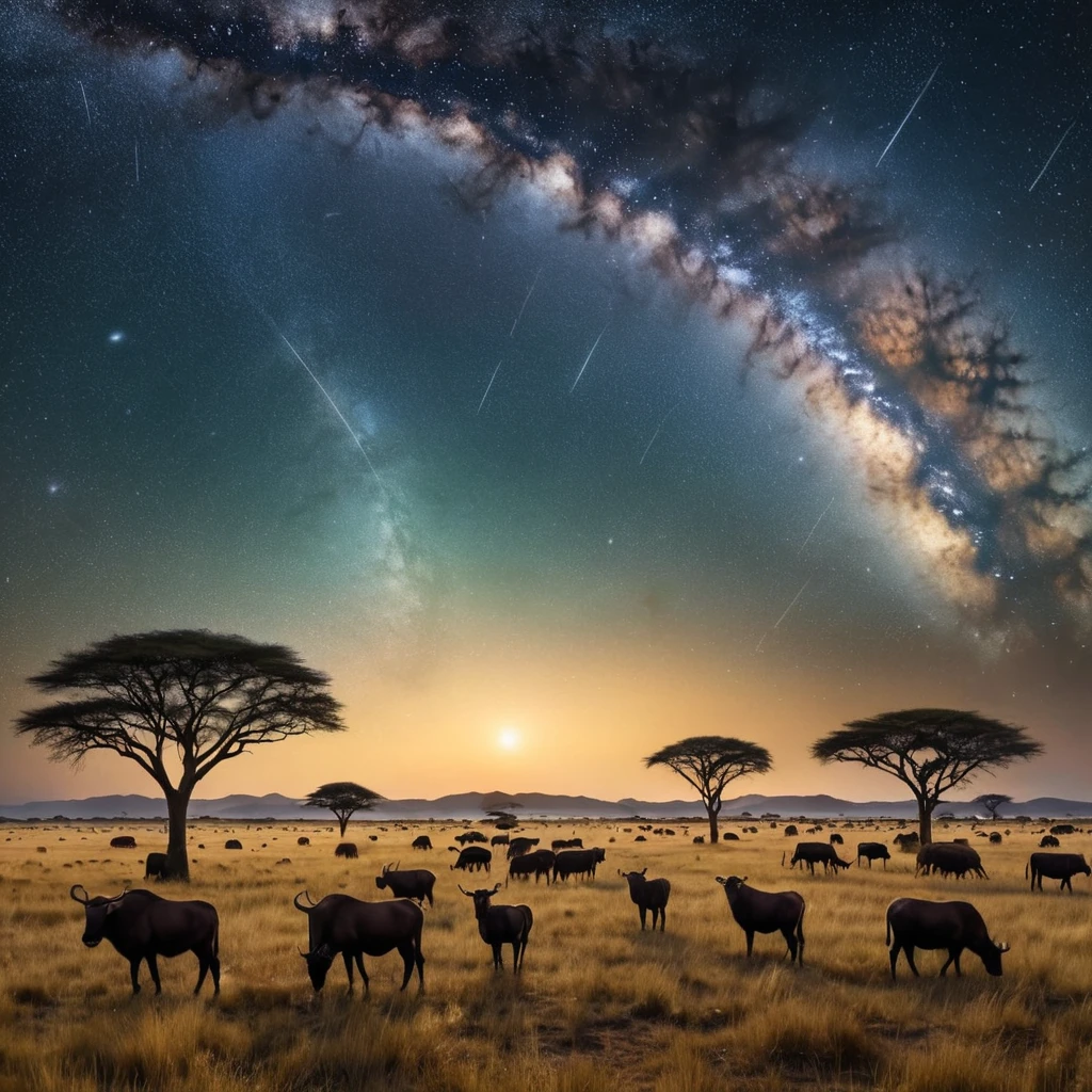 A vast, open savanna under a vast, star-filled sky, with herds of grazing animals silhouetted against the horizon, and the Milky Way stretching across the heavens.