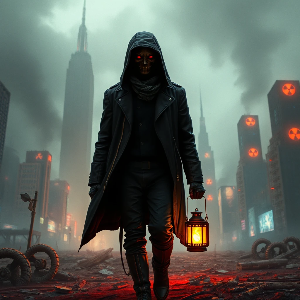 A cyberpunk dystopia, a desolate wasteland dotted with crumbling skyscrapers, the air thick with smog and radiation, a lone figure walks through the wasteland, their face obscured by a mask, carrying a flickering lantern.