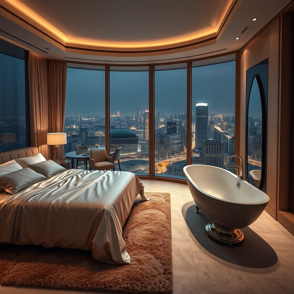 A luxurious bedroom with a king-size bed draped in silk sheets, a plush rug, and a large, freestanding bathtub with a view of a sparkling city at night. The room is bathed in soft, warm lighting.
