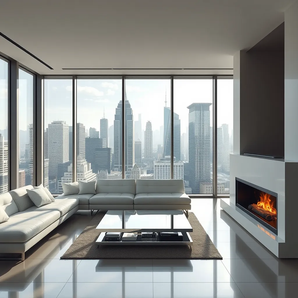 A minimalist living room with a large, panoramic window overlooking a bustling city skyline. Sunlight streams through the window, illuminating a white leather sofa, a sleek coffee table made of polished chrome, and a modern fireplace with a glowing fire.