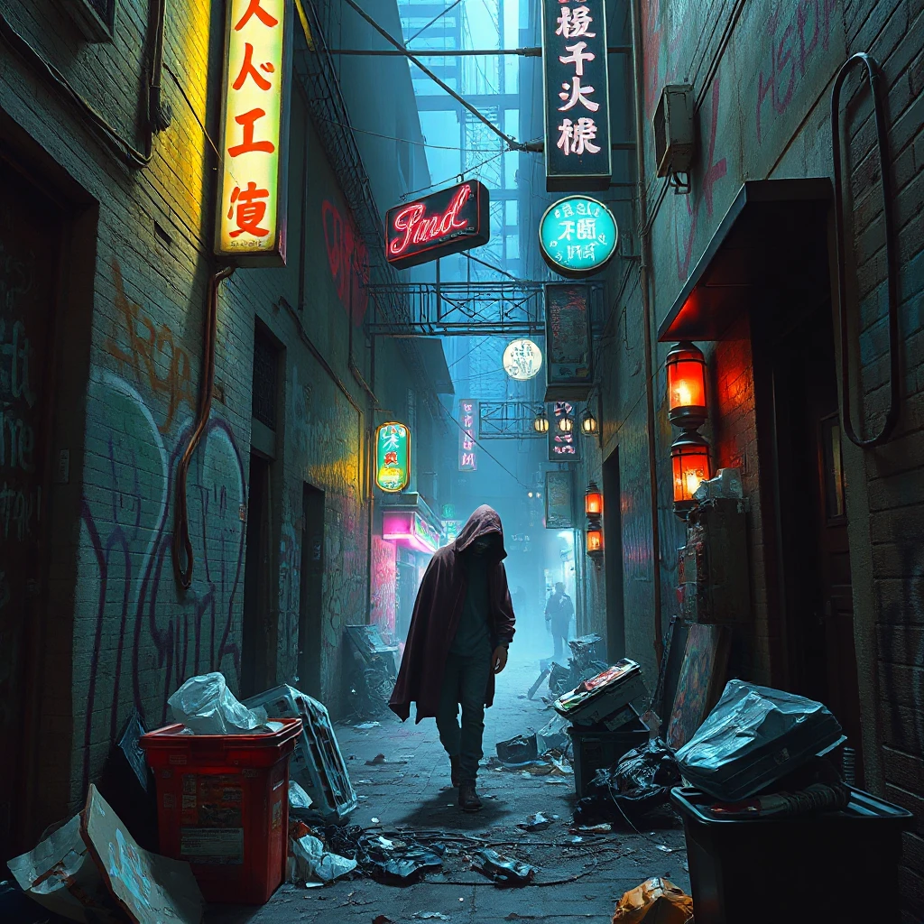A decaying cyberpunk alleyway, graffiti-covered walls illuminated by flickering neon signs, a lone figure in a hooded cloak sifting through trash, the air thick with the smell of ozone and decay.