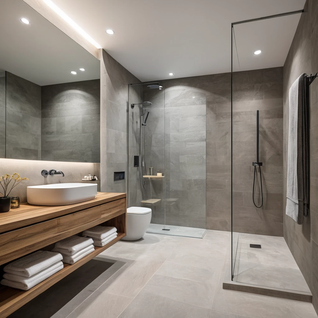 A modern bathroom with a large, walk-in shower featuring a rainfall shower head, a floating vanity with a sleek sink and mirror, and a heated towel rack. The room features a minimalist color palette with accents of warm wood and natural stone.