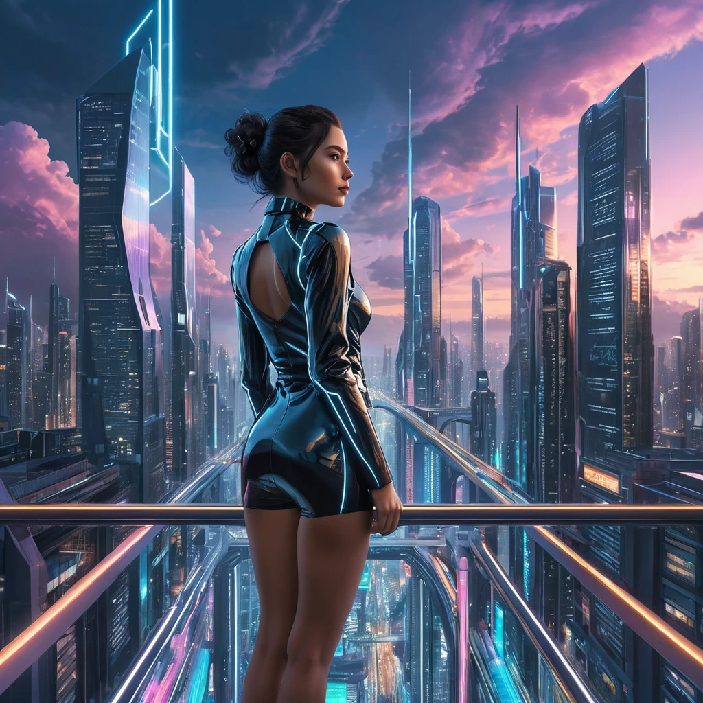 Cyberpunk cityscape, intricate network of neon-lit sky bridges connecting towering chrome skyscrapers, holographic advertisements projecting onto the clouds, flying cars zipping through the air, a lone figure silhouetted against the shimmering lights.