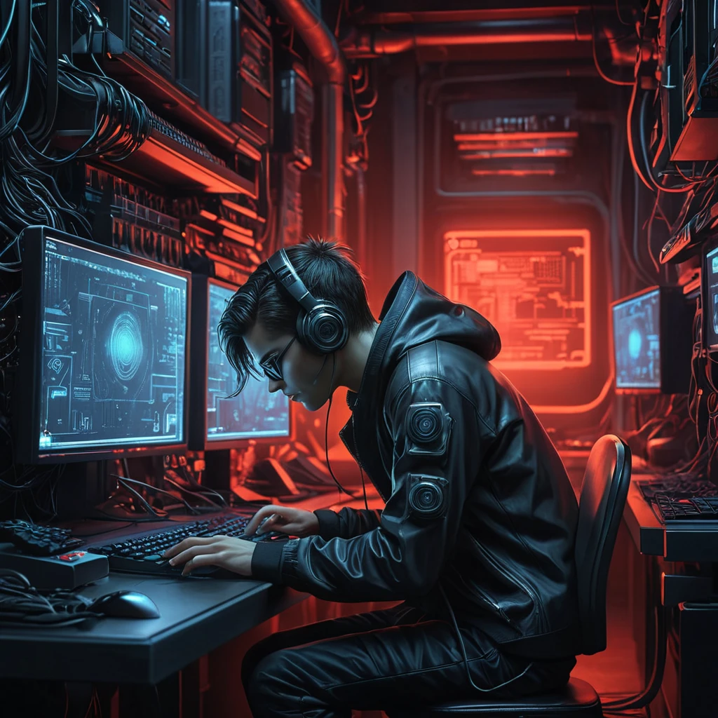 A cyberpunk hacker's lair, dimly lit room filled with blinking screens and wires, a lone figure hunched over a keyboard, their eyes glowing red as they navigate the digital underworld.