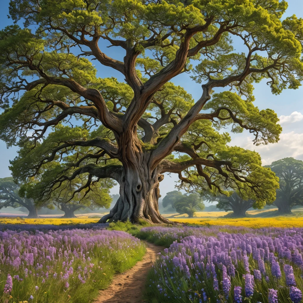 A field of vibrant wildflowers bursting into bloom, stretching as far as the eye can see. A solitary, ancient oak tree stands sentinel, its gnarled branches reaching out like protective arms.