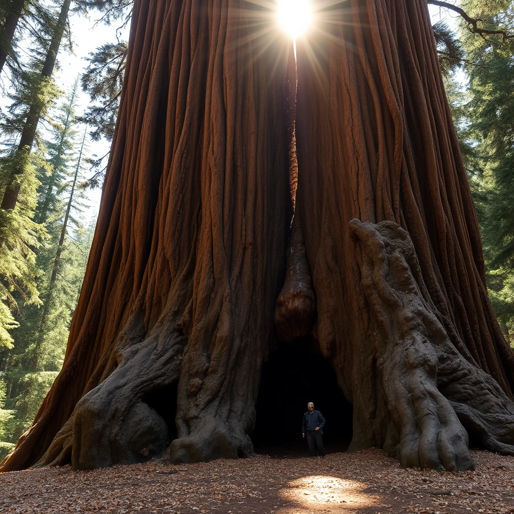 A massive, ancient sequoia tree, its bark deeply furrowed and textured. Sunlight filters through its canopy, illuminating a carpet of fallen needles on the forest floor.
