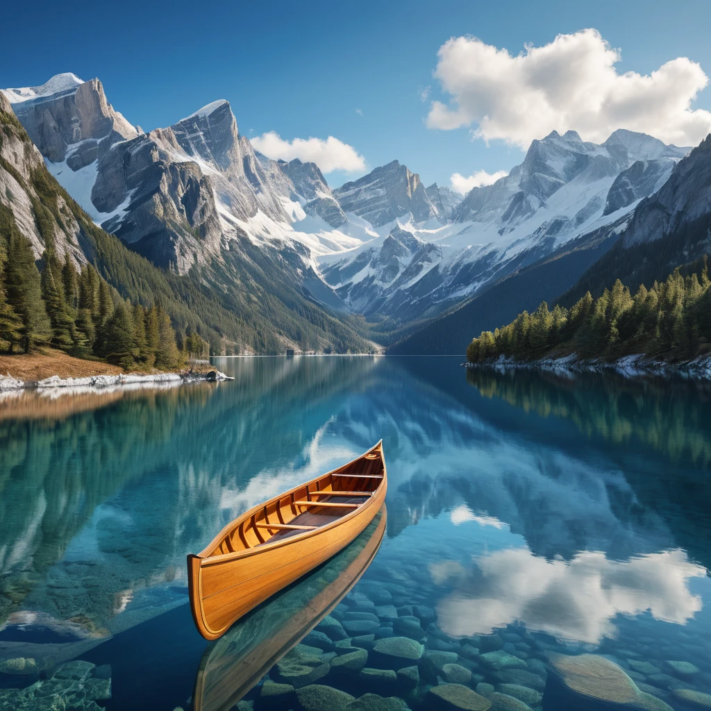 A serene lake nestled within a ring of snow-capped mountains, reflecting the azure sky and wispy clouds. A wooden canoe glides across the glassy surface, leaving a gentle ripple in its wake.