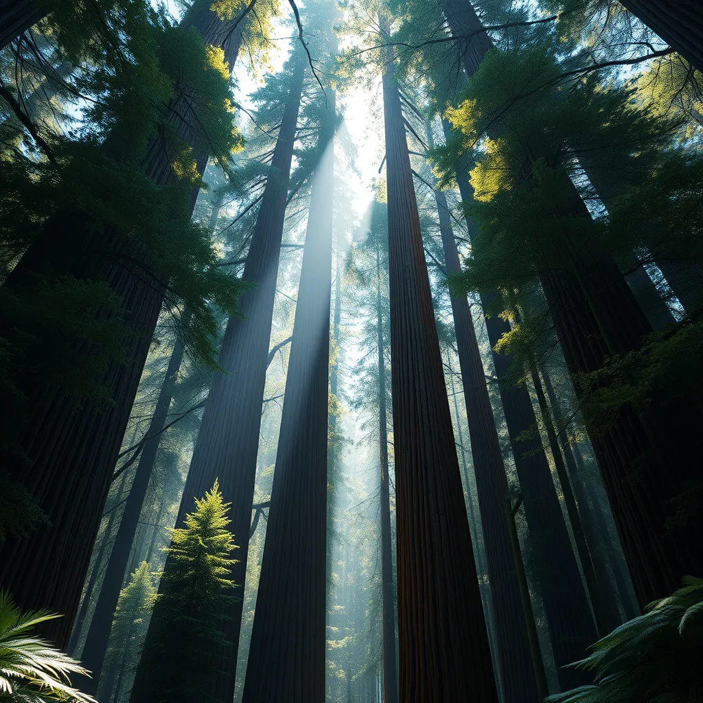 A towering, ancient redwood forest, where the massive trees form a cathedral-like canopy, and shafts of sunlight pierce through the dense foliage.