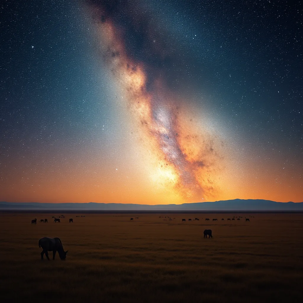 A vast, open savanna under a vast, star-filled sky, with herds of grazing animals silhouetted against the horizon, and the Milky Way stretching across the heavens.