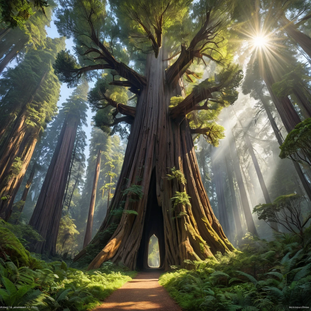 A towering, ancient redwood forest, where the massive trees form a cathedral-like canopy, and shafts of sunlight pierce through the dense foliage.
