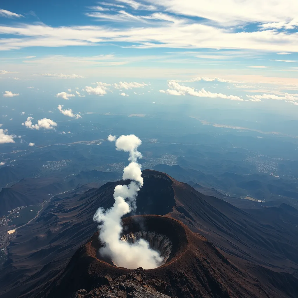 A breathtaking view from the summit of a volcanic peak, with plumes of smoke rising from the crater. Below, a vast, undulating landscape stretches out towards the horizon, dotted with scattered villages.