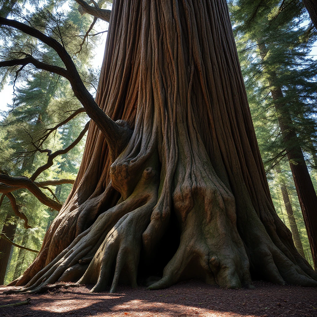 A massive, ancient sequoia tree, its bark deeply furrowed and textured. Sunlight filters through its canopy, illuminating a carpet of fallen needles on the forest floor.