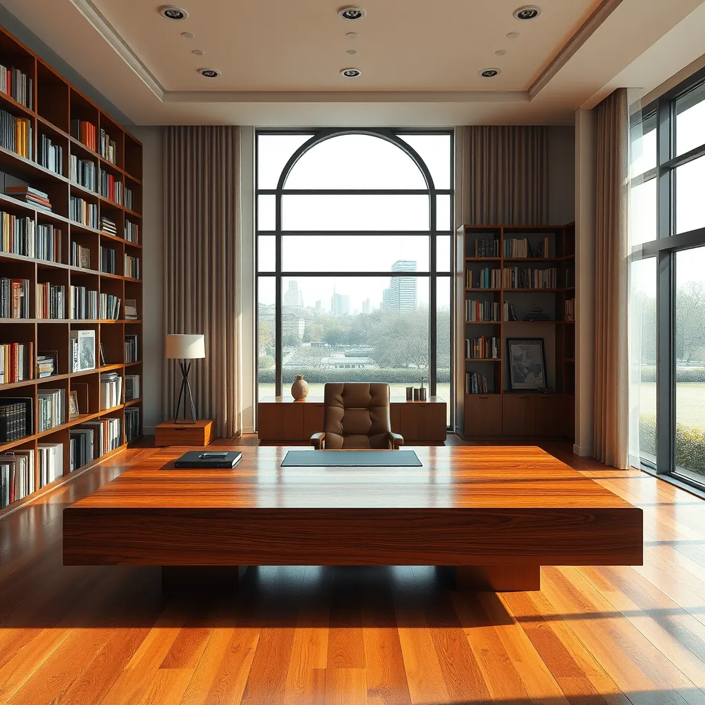 A spacious, open-plan office with a large, floating desk made of polished wood, a comfortable leather armchair, and a wall of bookshelves filled with colorful books. A large window provides natural light and a view of a city park.