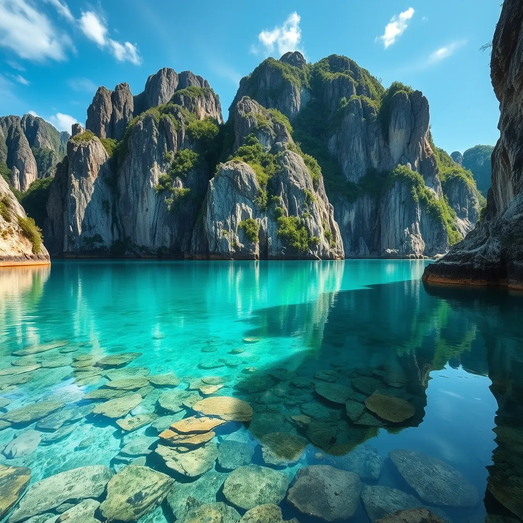 A hidden, crystal-clear lagoon surrounded by towering limestone cliffs, with the water so still it mirrors the sky above, creating a perfect, otherworldly reflection.
