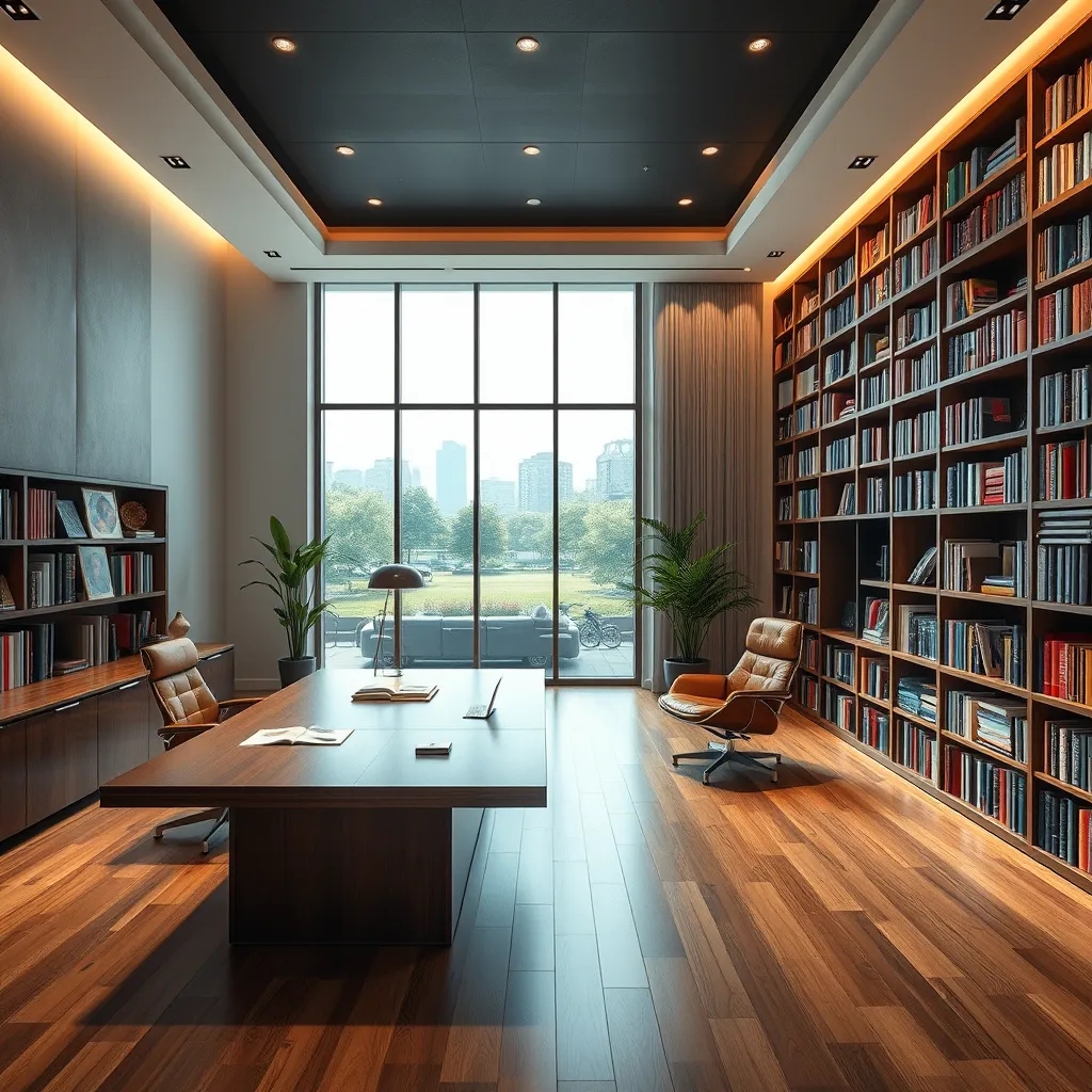 A spacious, open-plan office with a large, floating desk made of polished wood, a comfortable leather armchair, and a wall of bookshelves filled with colorful books. A large window provides natural light and a view of a city park.