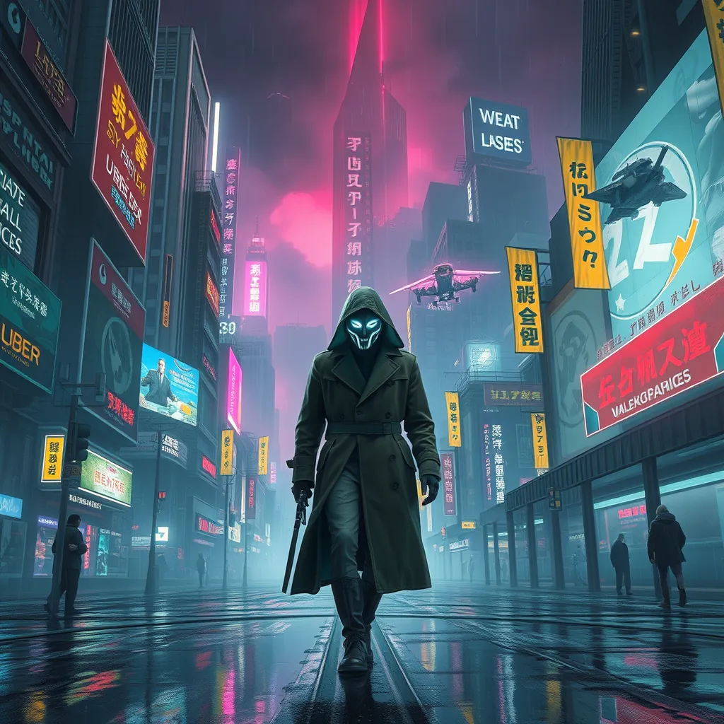 A towering, neon-drenched cyberpunk city, with holographic billboards advertising illicit services and flying vehicles weaving through the smog-filled sky. In the foreground, a lone figure in a trench coat walks down a rain-slicked street, their face obscured by a glowing cybernetic mask.
