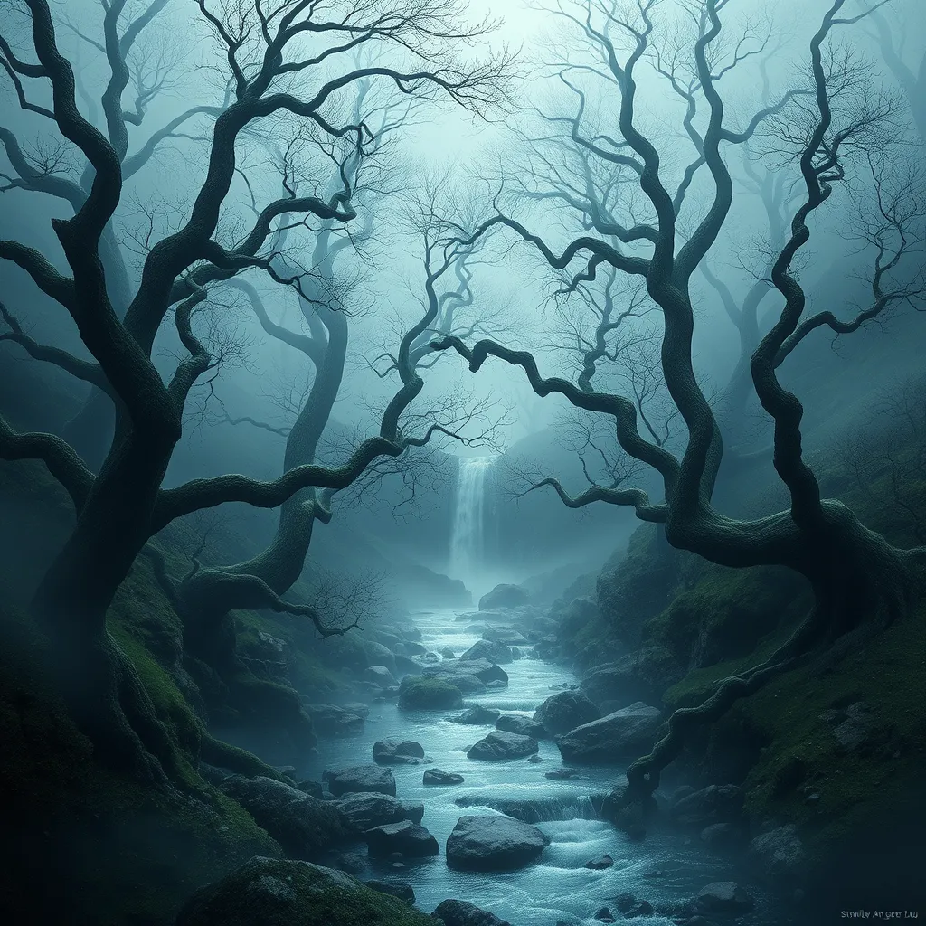 A mystical, fog-covered valley with ancient, twisted trees and a hidden, sparkling river that winds through the mist, revealing hidden waterfalls.